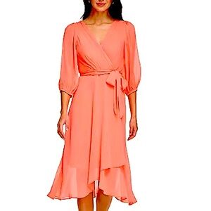 DKNY Dress Midi 10 Orange 3/4-Sleeve Tie-Waist High-Low Faux Wrap Size 10 Flowy
